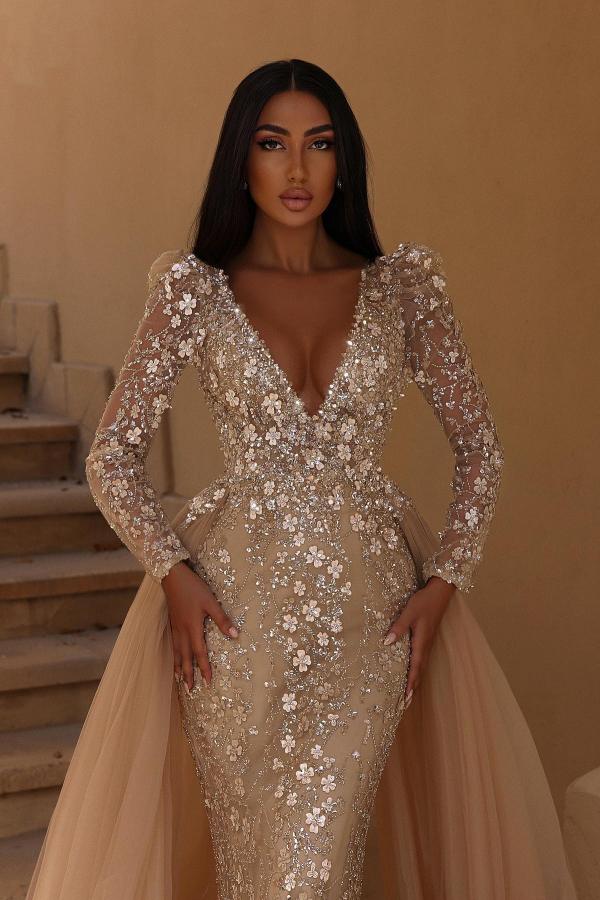 Bmbride Long Sleeves Mermaid V-neck Wedding Dress with Detachable Tulle Train