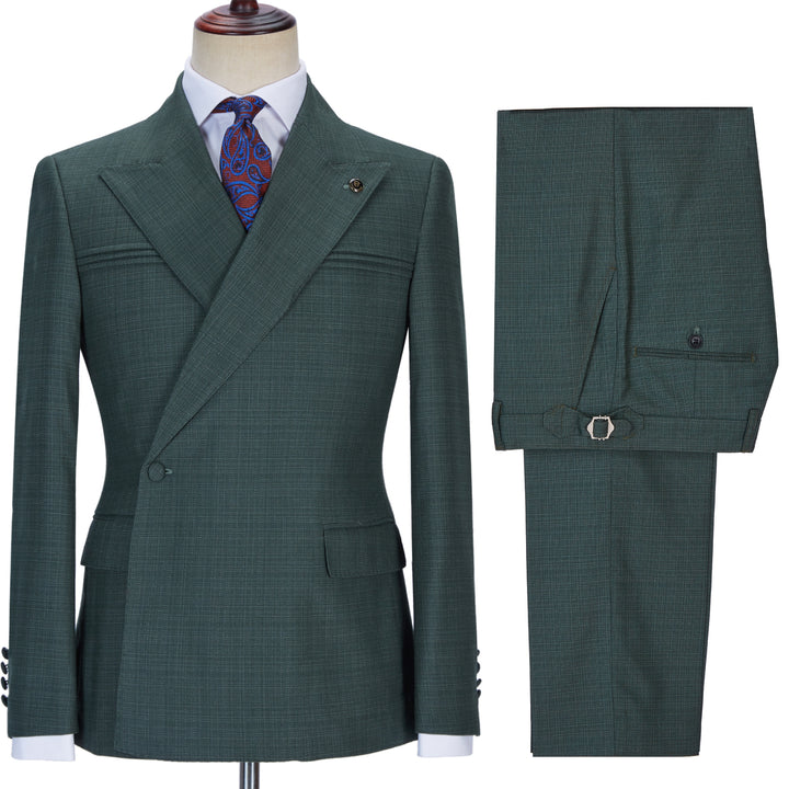 Koscy Glamorous Dark Green Peaked Lapel Wedding Suit with Ruffles