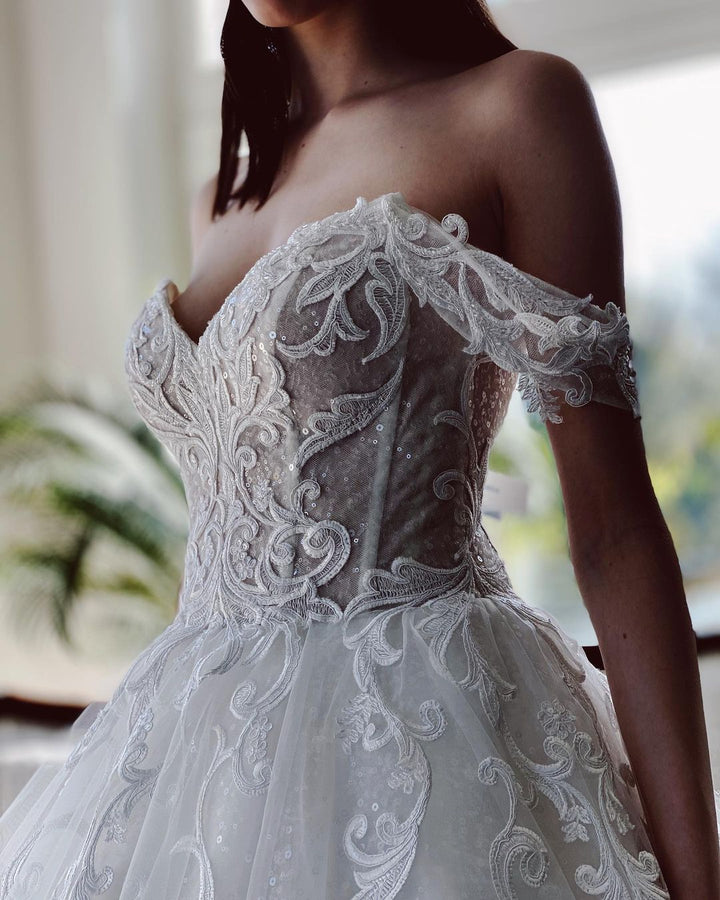 Bmbride Long A-line Off-the-shoulder Tulle Wedding Dress with Glitter