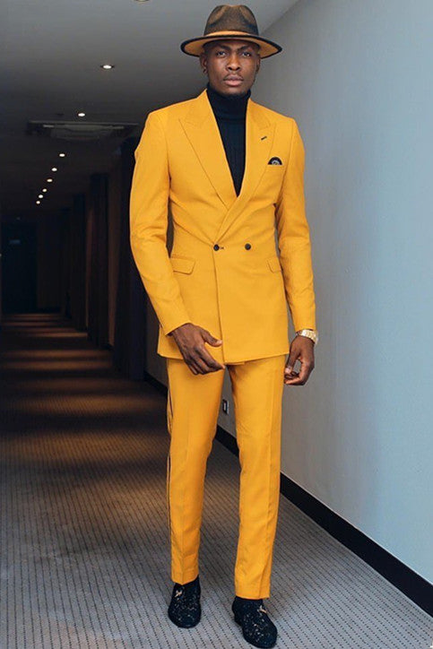 Koscy Double-Breasted Yellow Bespoke Business Suit with Peaked Lapel