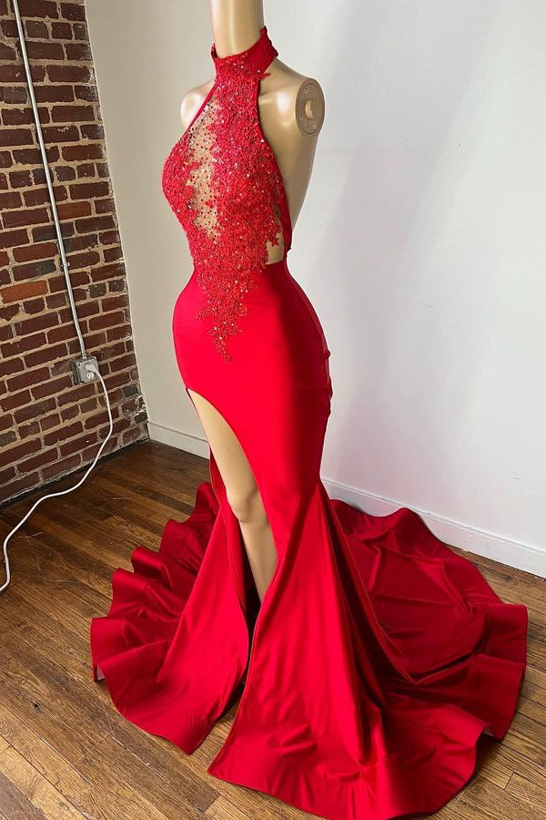 Sleeveless Halter Burgundy Prom Dress with Appliques and Front Slit