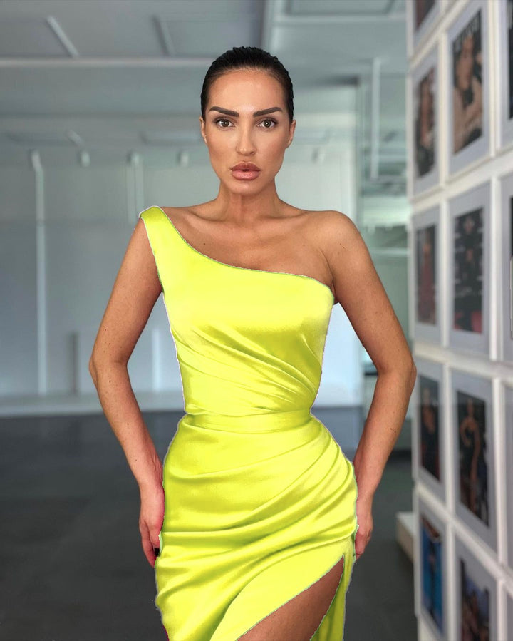 One Shoulder Sleeveless Rose Evening Dress With Slit
