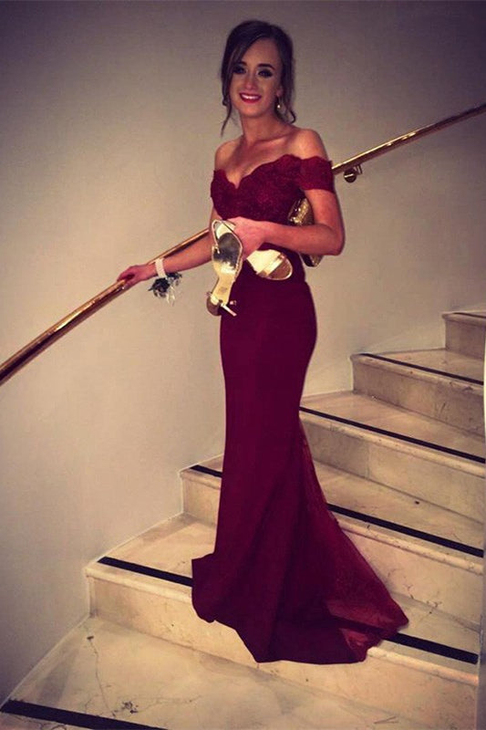 Off-the-Shoulder Mermaid Prom Dress in Burgundy