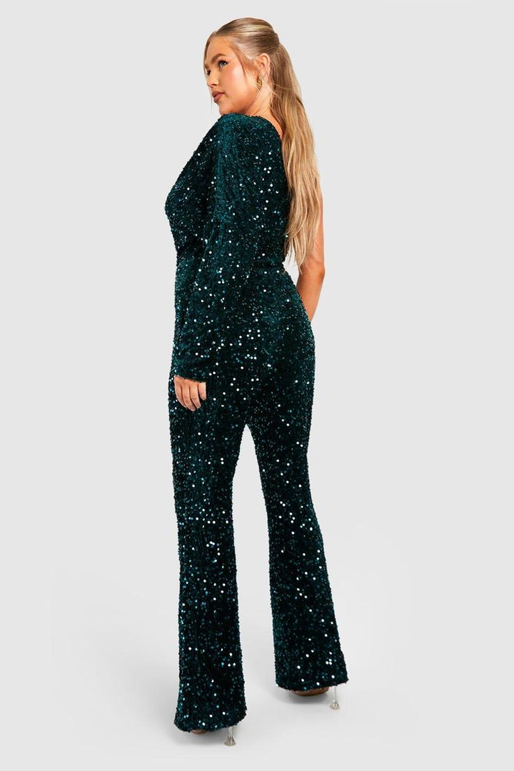 Koscy Chic Dark Green Sequins One-Shoulder Party Jump Suit With One Sleeve