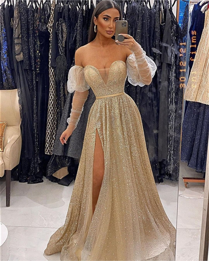 V-Neck Champagne Evening Dress with Sequins Front Split and Long Sleeves for Prom