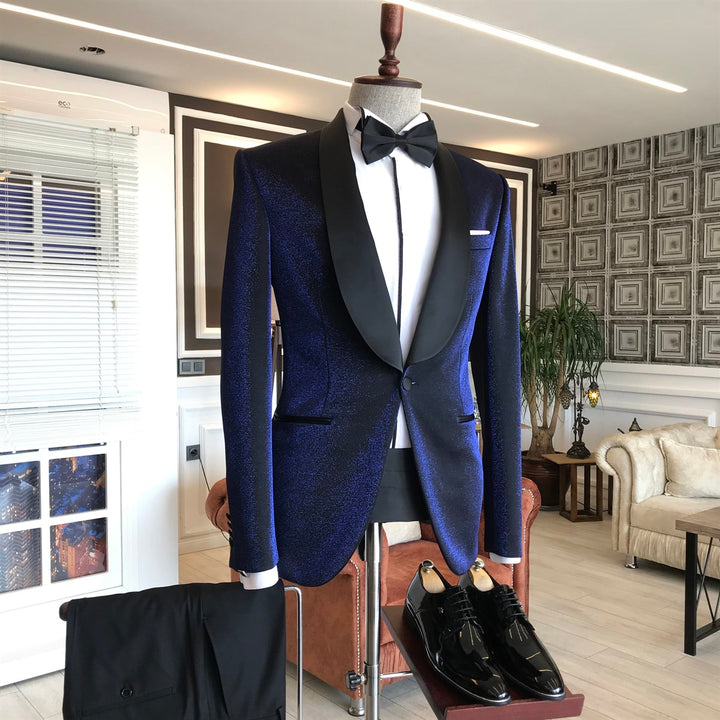 Koscy Luciano Sparkling Navy Blue Shawl Lapel Wedding Suit with Black Lapel