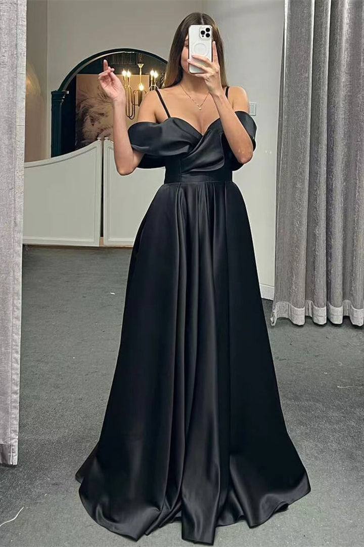 Off-the-Shoulder A-Line Lace-Up Back Long Evening Dress with Spaghetti Straps