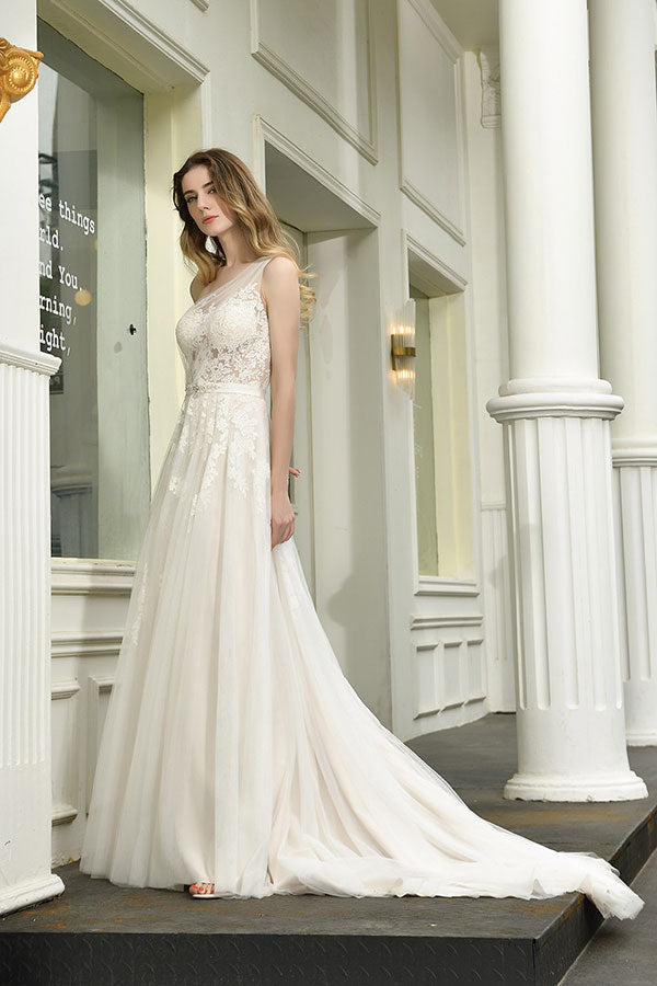 Bmbride Elegant One Shoulder Tulle Lace A-Line Wedding Dress