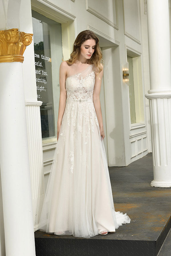 Bmbride Elegant One Shoulder Tulle Lace A-Line Wedding Dress