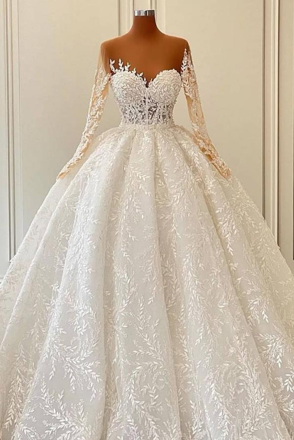 Bmbride Long Ball Gown Wedding Dresses with Sleeves featuring a Sweetheart Floral Pattern