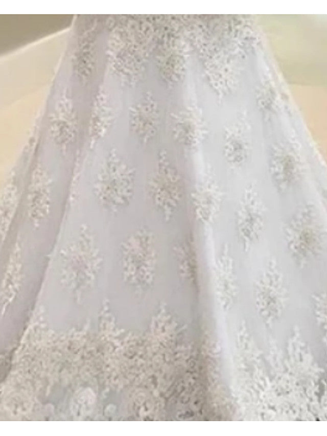 Bmbride Illusion Sleeve Plus Size Wedding Dress with A-Line V Neck Court Train Lace Tulle Charmeuse and Long Sleeves