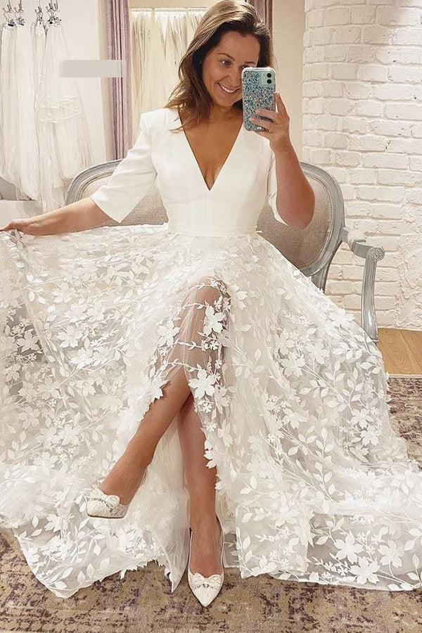 Bmbride V-neck Lace A-line Side Split 3/4 Sleeve Wedding Dress