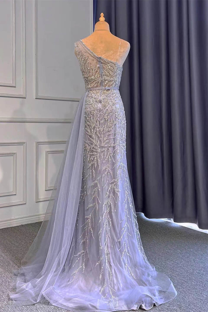 Light Purple Front Split Mermaid Beads One-Shoulder Prom Dress With Long Ruffles Appliques
