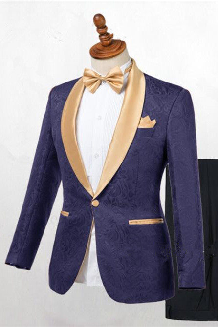 Koscy Chic Dark Blue Jacquard Shawl Lapel Wedding Suit for Men’s Events