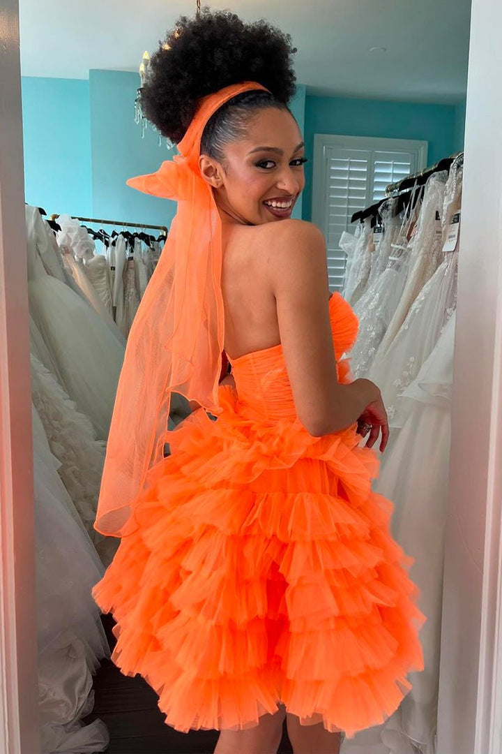 Koscy Orange Strapless Ruffle Tiered Tulle Short Homecoming Dress