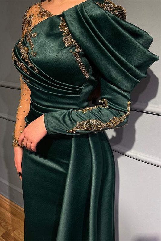 Mermaid Evening Dress: Dark Green Long Sleeves Beads Appliques