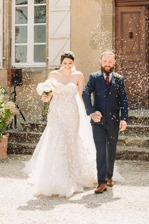 Bmbride Long Mermaid Sweetheart Tulle Wedding Dress with Floral Lace
