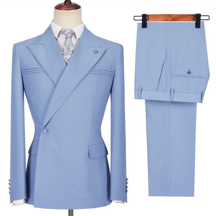 Koscy Stylish Blue Casual Prom Suit with Peaked Lapel and Ruffles for Men
