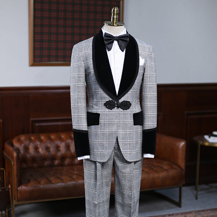 Koscy Steward Gray Plaid Knitted Button Wedding Suit for Bridegrooms