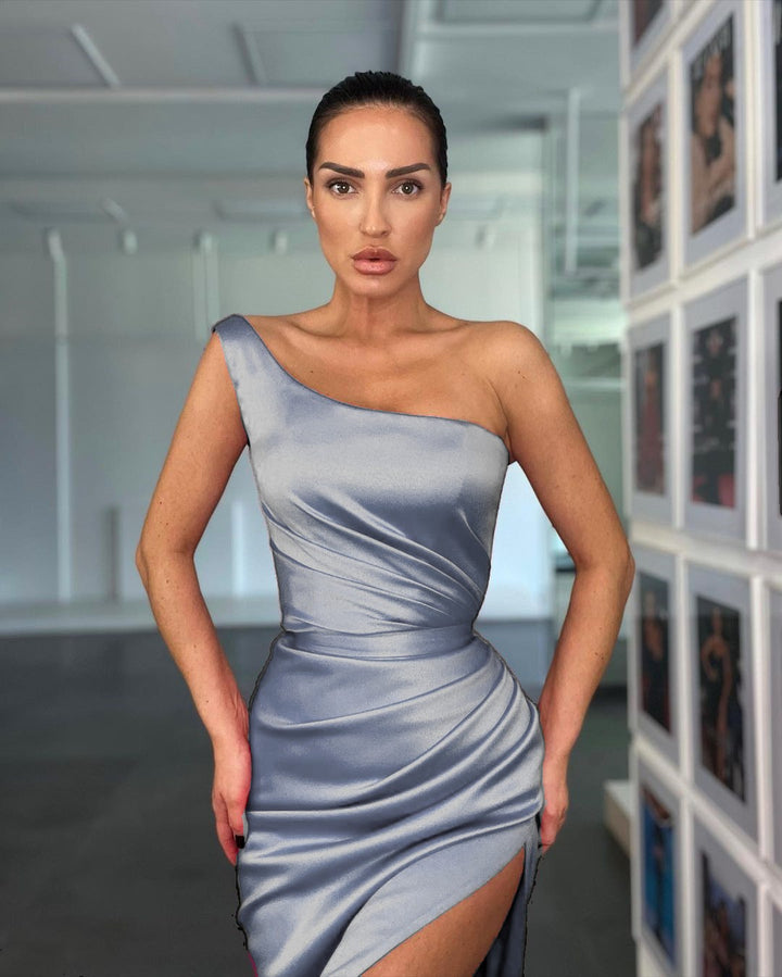 One Shoulder Sleeveless Rose Evening Dress With Slit