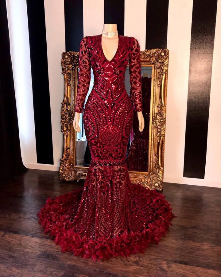 Feather Sequins Mermaid Prom Dress - V Neck Long Sleeves Burgundy