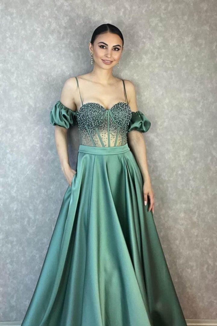 Off-The-Shoulder Spaghetti-Straps Evening Dress With Beadings