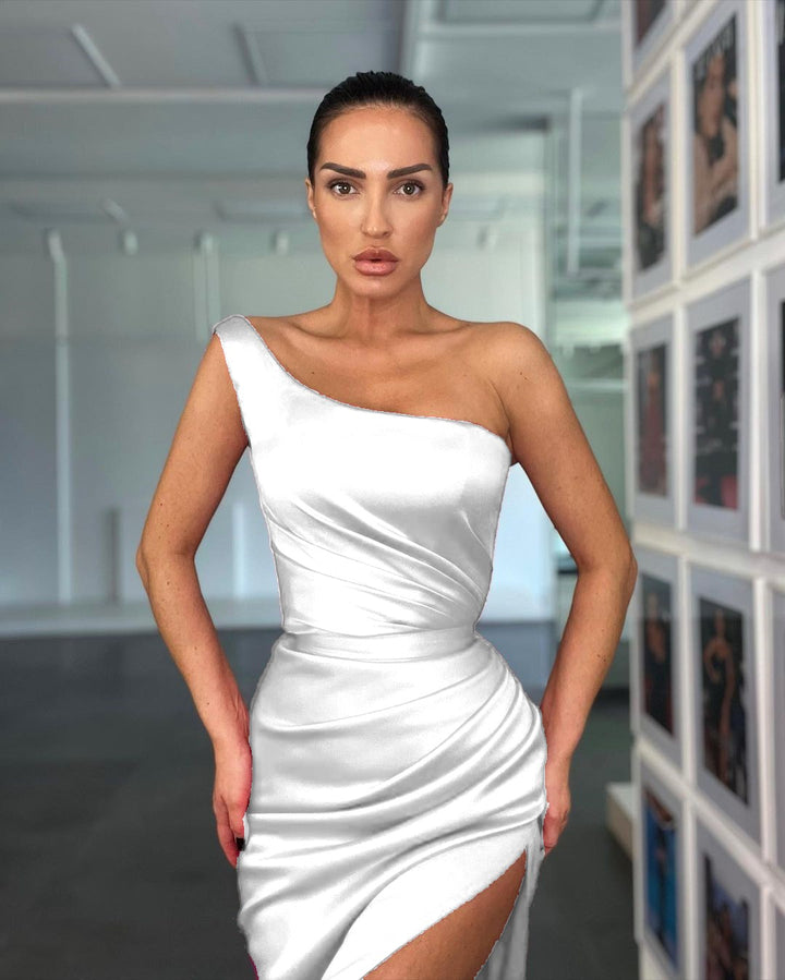 One Shoulder Sleeveless Rose Evening Dress With Slit