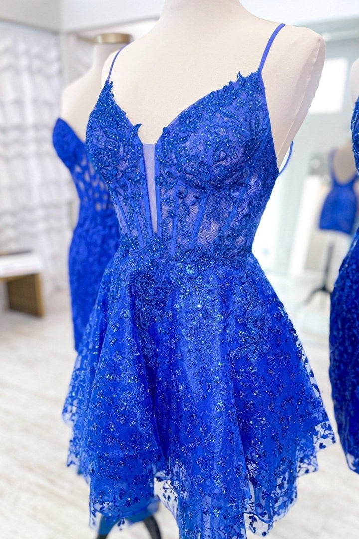 Koscy A-Line Spaghetti Straps Short Homecoming Dress with Appliques