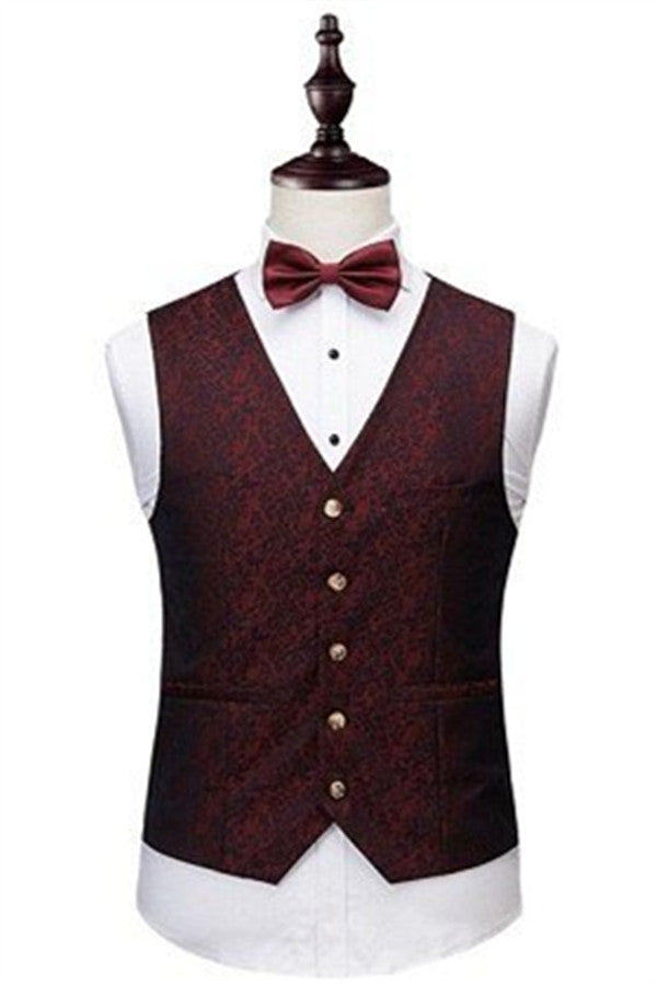 Koscy Wine Ruby Notched Lapel Jacquard Tuxedo Suit - Three Pieces