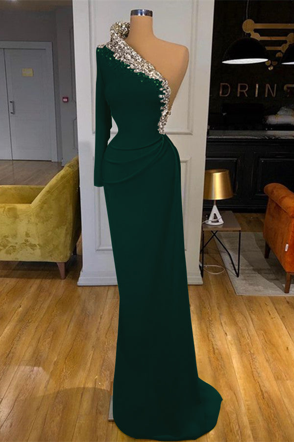 Green One-Shoulder Mermaid Prom Dress With Beadings Long Sleeves