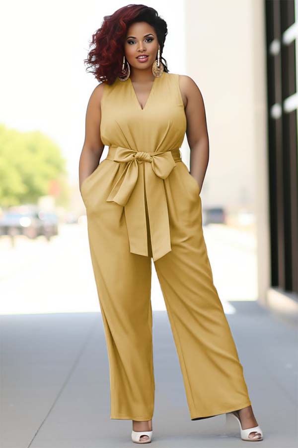 Koscy Pool Blue V-Neck Sleeveless Jump Suit With Bow Belt