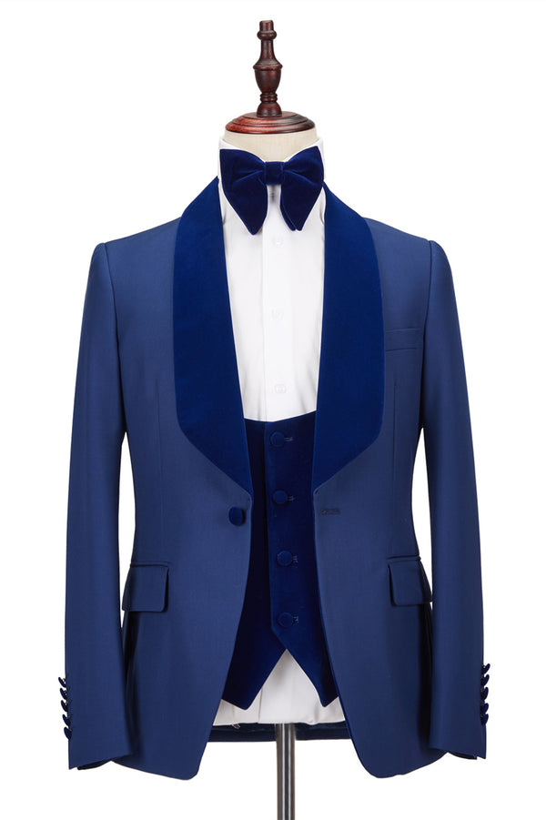 Koscy Stylish Royal Blue Velvet Stitching One Button New Wedding Party Suit with Shawl Lapel