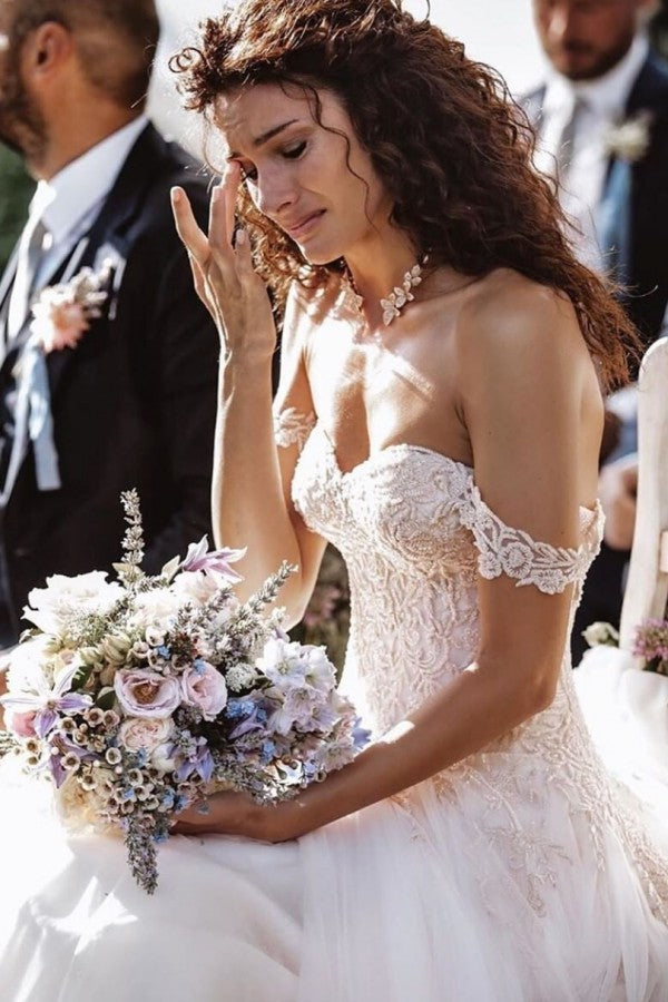 Bmbride Vintage Long A-line Off-the-shoulder Lace Tulle Wedding Dress