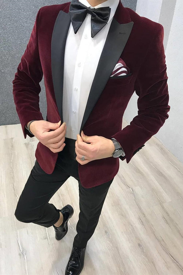 Koscy Two-Piece Burgundy Velvet Wedding Suit with Black Satin Peak Lapel