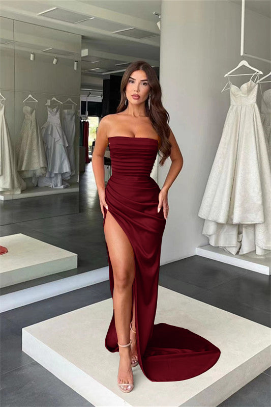 Coral Strapless Mermaid Prom Dress With Split Pleats