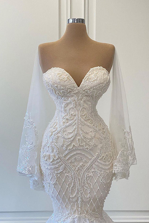 Bmbride Mermaid Sweetheart Strapless Pearls Beadings Lace Wedding Dress
