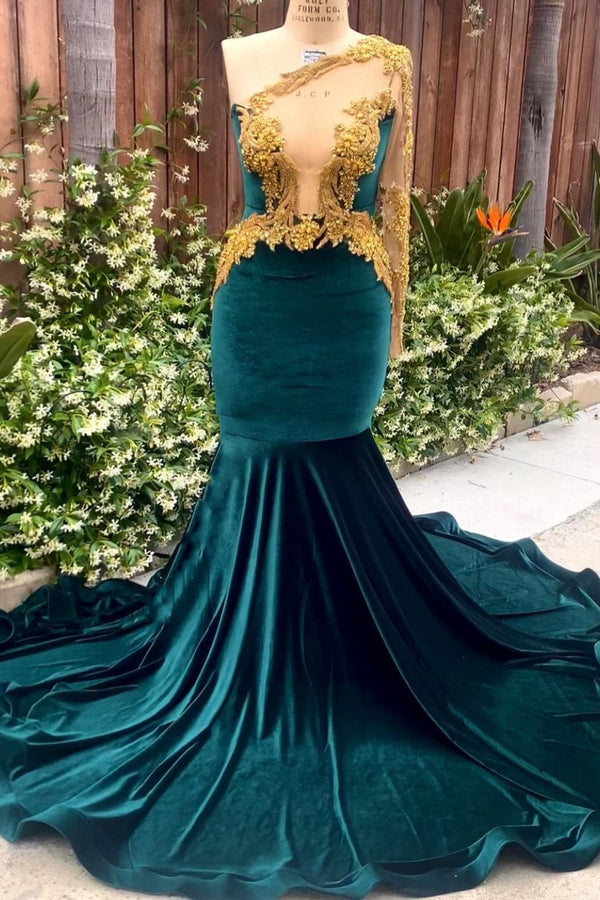 Robe de bal sirène asymétrique en velours vert foncé avec appliques dorées
