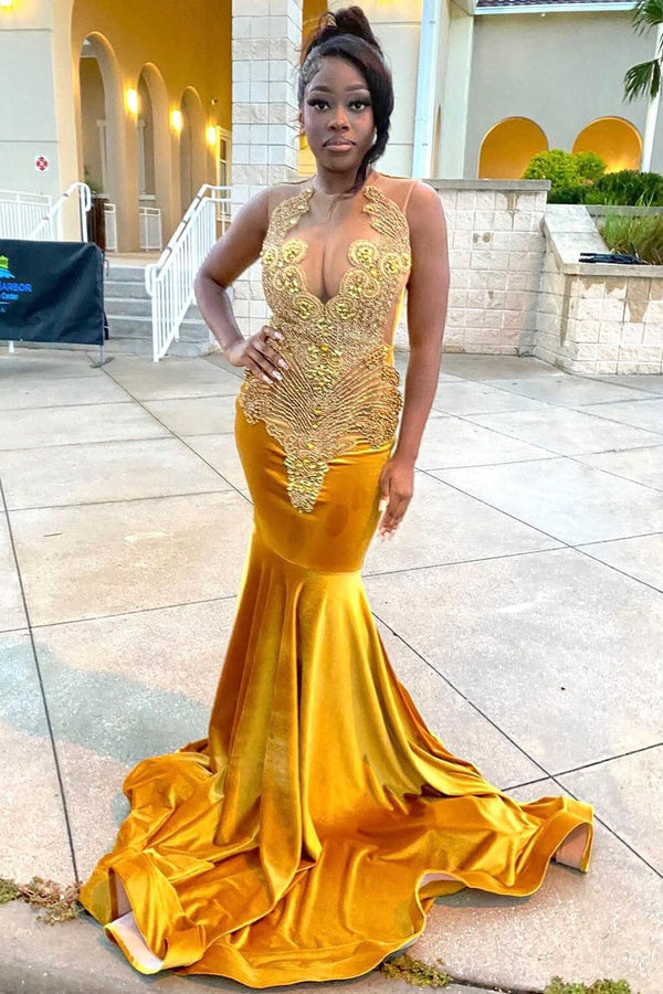 V-neck Gold Velvet Sleeveless Mermaid Long Court Train Prom Dress