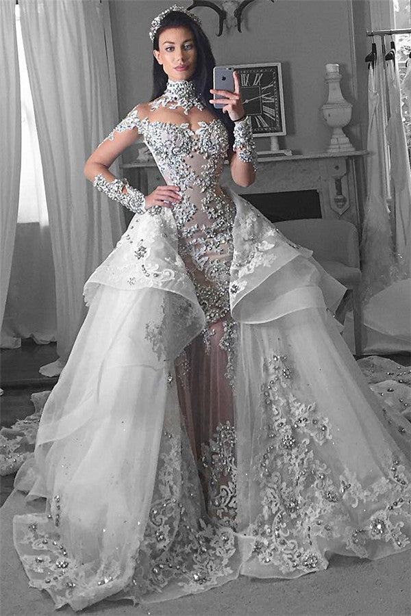 Bmbride Elegant Long Sleeves Tulle High Neck Appliques Wedding Dresses with Removable Overskirt