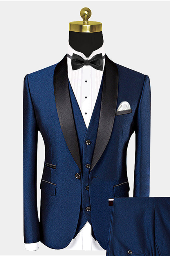 Koscy Advanced Dark Navy Blue Shawl Lapel Wedding Suit with Black Bow Tie