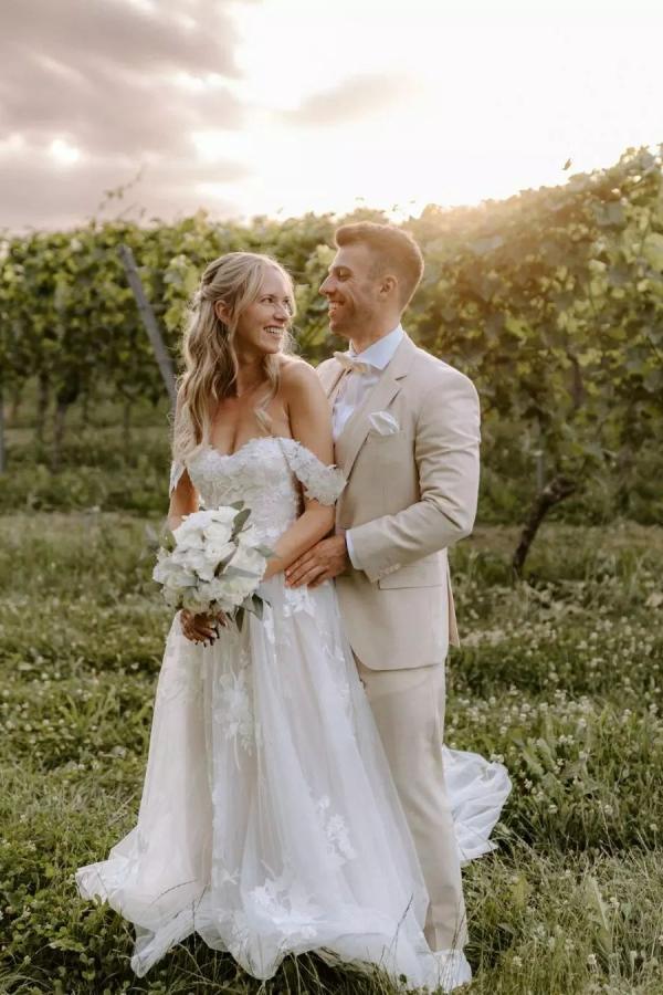 Bmbride Long A-line off the shoulder Tulle Floral Lace Wedding Dress