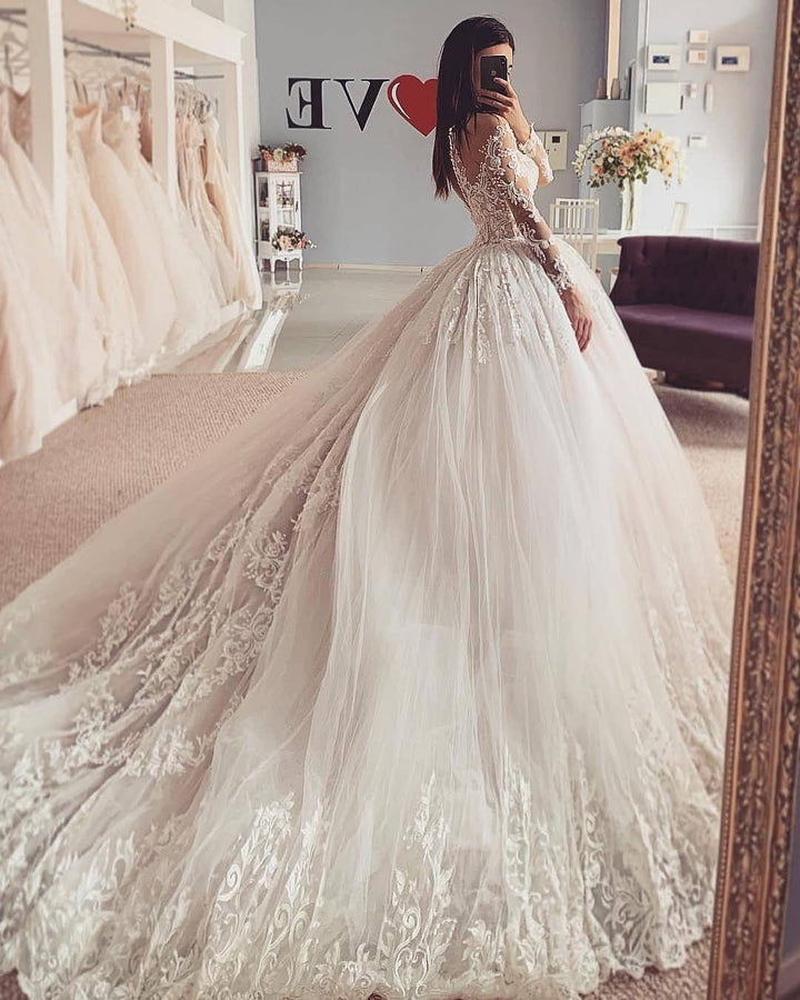 Bmbride Wedding Dress: Classy Bateau Neck Long Sleeve Appliques Lace A-Line Floor-length Tulle