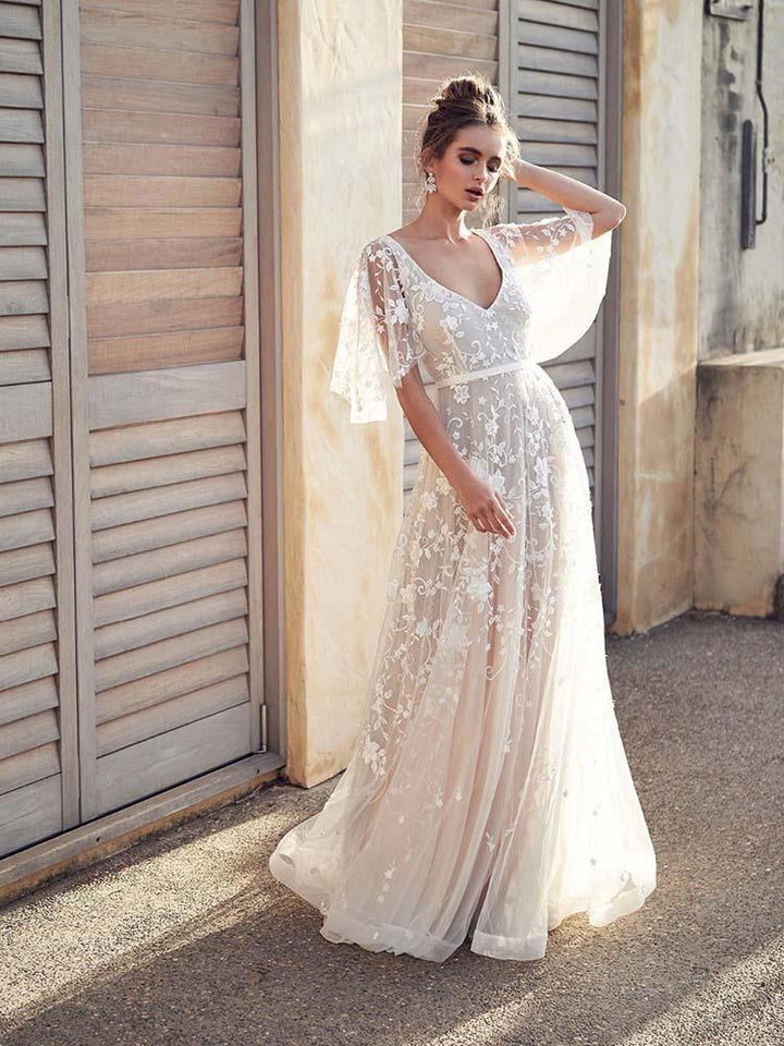 Bmbride Affordable V-Neck Half Sleeve Lace Boho Wedding Dresses