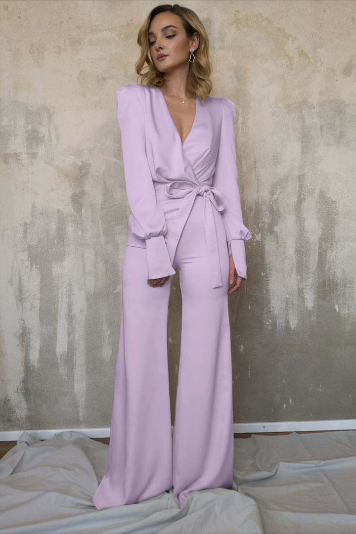 Koscy Charming Long Sleeves White V-Neck Long Jump Suit With Belt