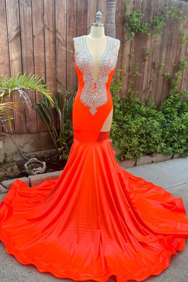Robe de bal sirène à découpes et traîne courte en paillettes argentées