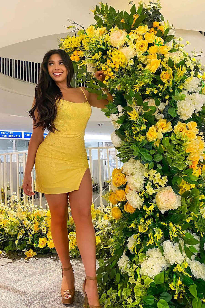 Koscy Short Tight Yellow Homecoming Dress with Lace Up