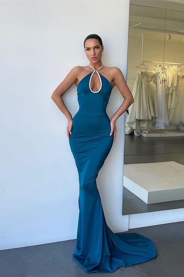 Prom Dress - Dark Blue Sleeveless Halter Mermaid Gown