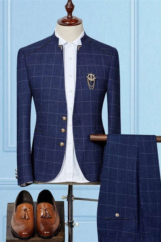 Koscy Shining Dark Navy Three-Piece Groom and Groomsmen Suit with Plaid