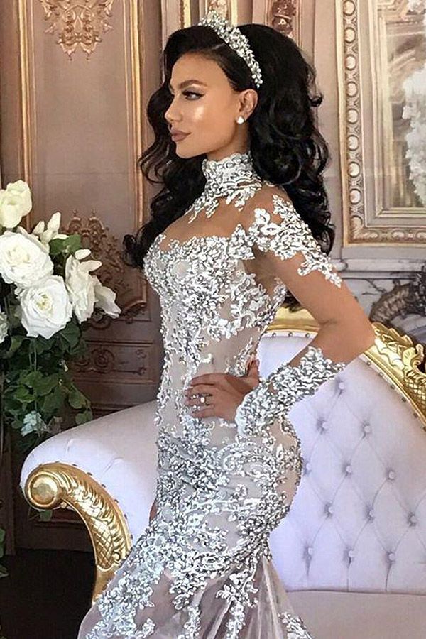 Bmbride Elegant Long Sleeves Tulle High Neck Appliques Wedding Dresses with Removable Overskirt