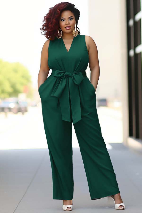 Koscy Pool Blue V-Neck Sleeveless Jump Suit With Bow Belt